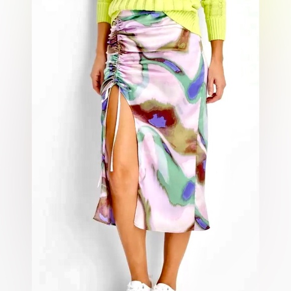 FUTURE COLLECTIVE Women's Marblized Light Green/Pink Silk Midi Skirt Size4  NWT - Picture 6 of 7